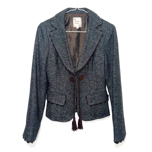 Vintage Nanette Lapore Scalloped Edge Tweed Tie Front Blazer - Gray/Brown 4 - Picture 1 of 11